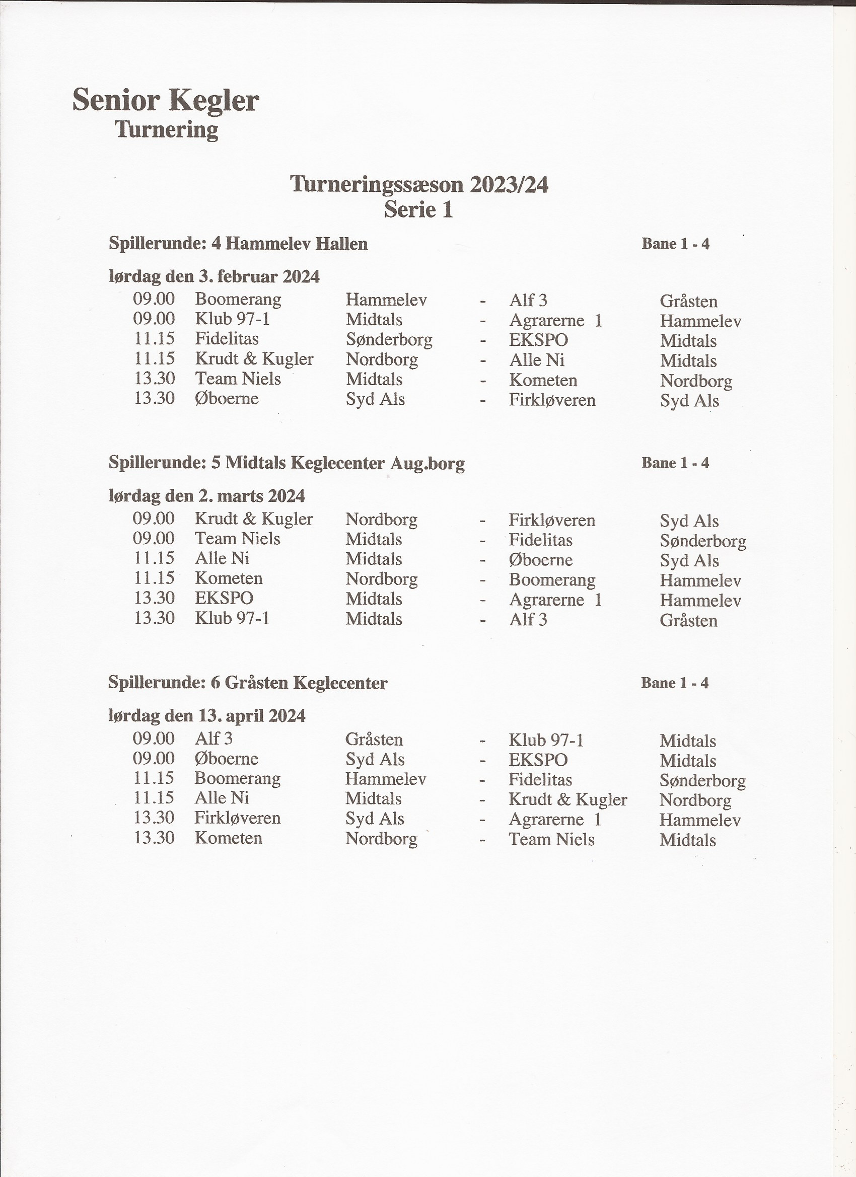 Serie 1 Spilleplan | Nordals Kegleklub